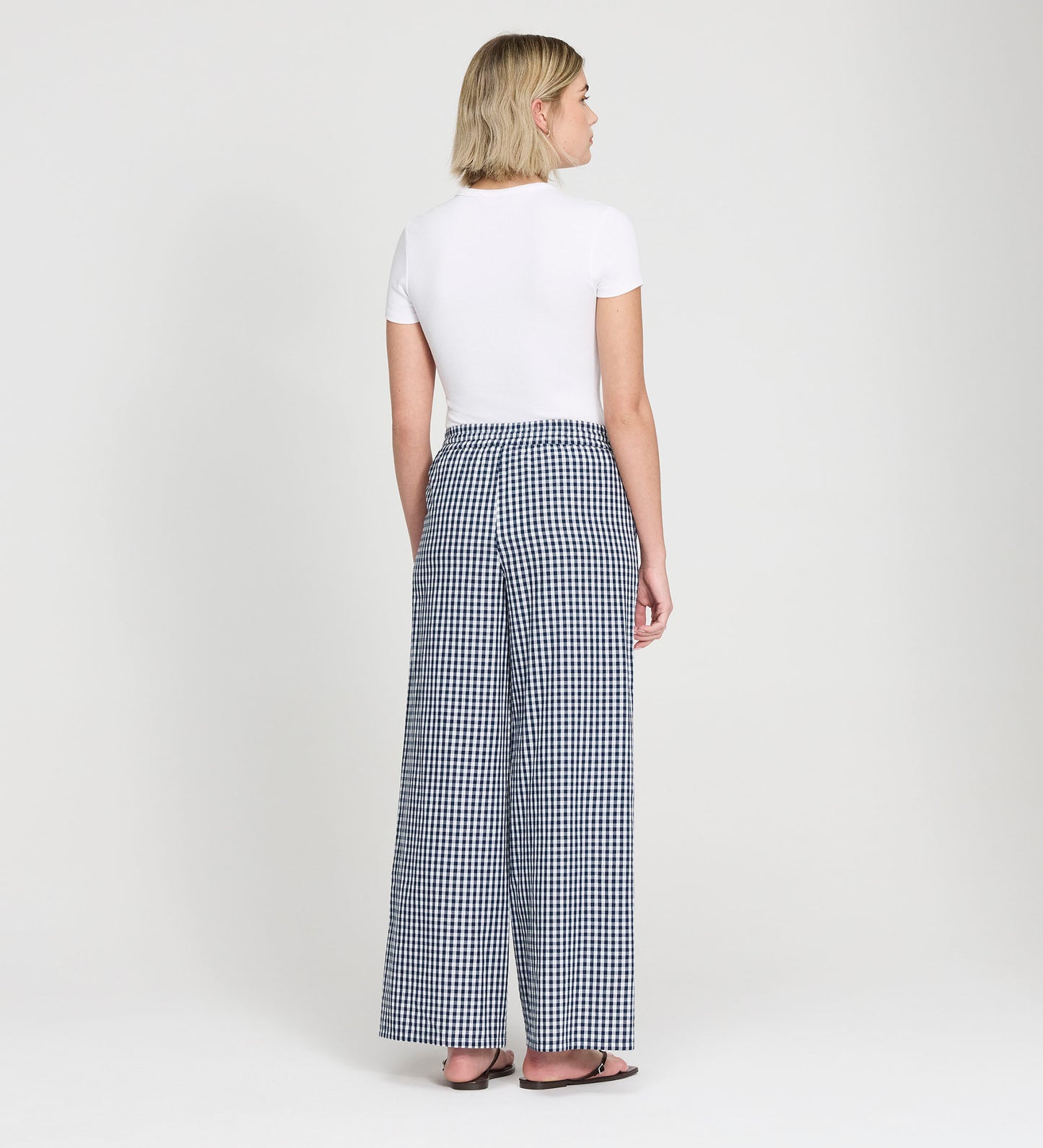 Dixie Navy Cotton Gingham Wide Leg Drawstring Trousers