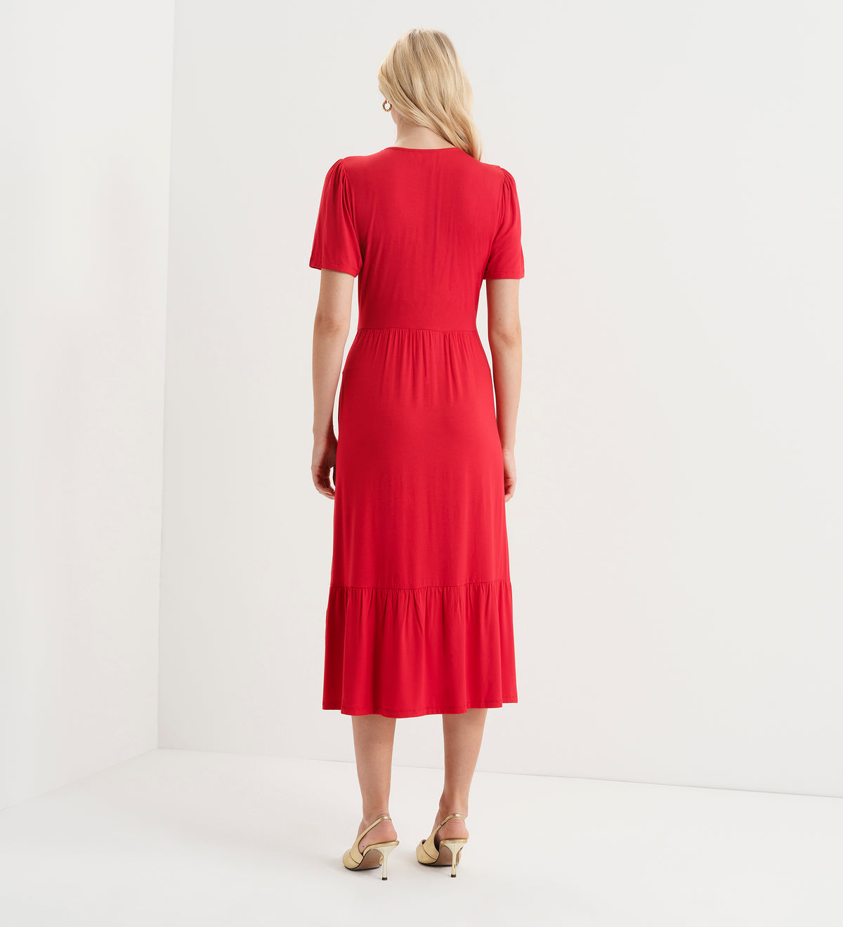 Edith Red Jersey Button-Through V Neck Tiered Midi Dress