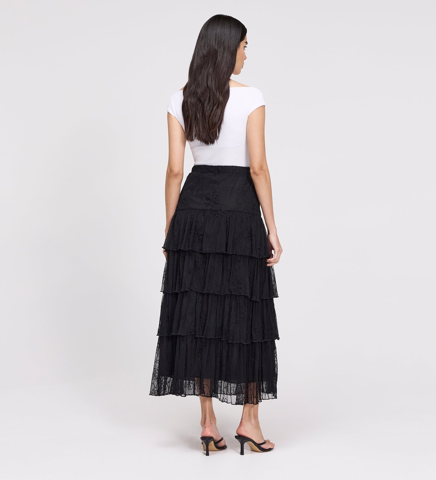 Elisa Black Mesh Midi Tiered Skirt