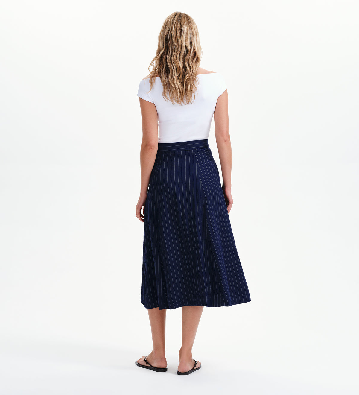 Frances Navy Stripe Button-Through Tailored Midi Skirt