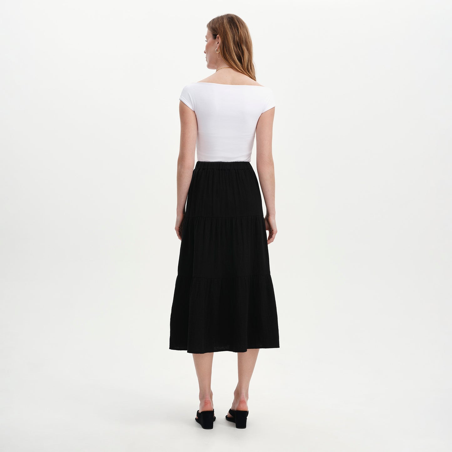 Harriett Black Cotton Cheesecloth Tiered Midi Skirt