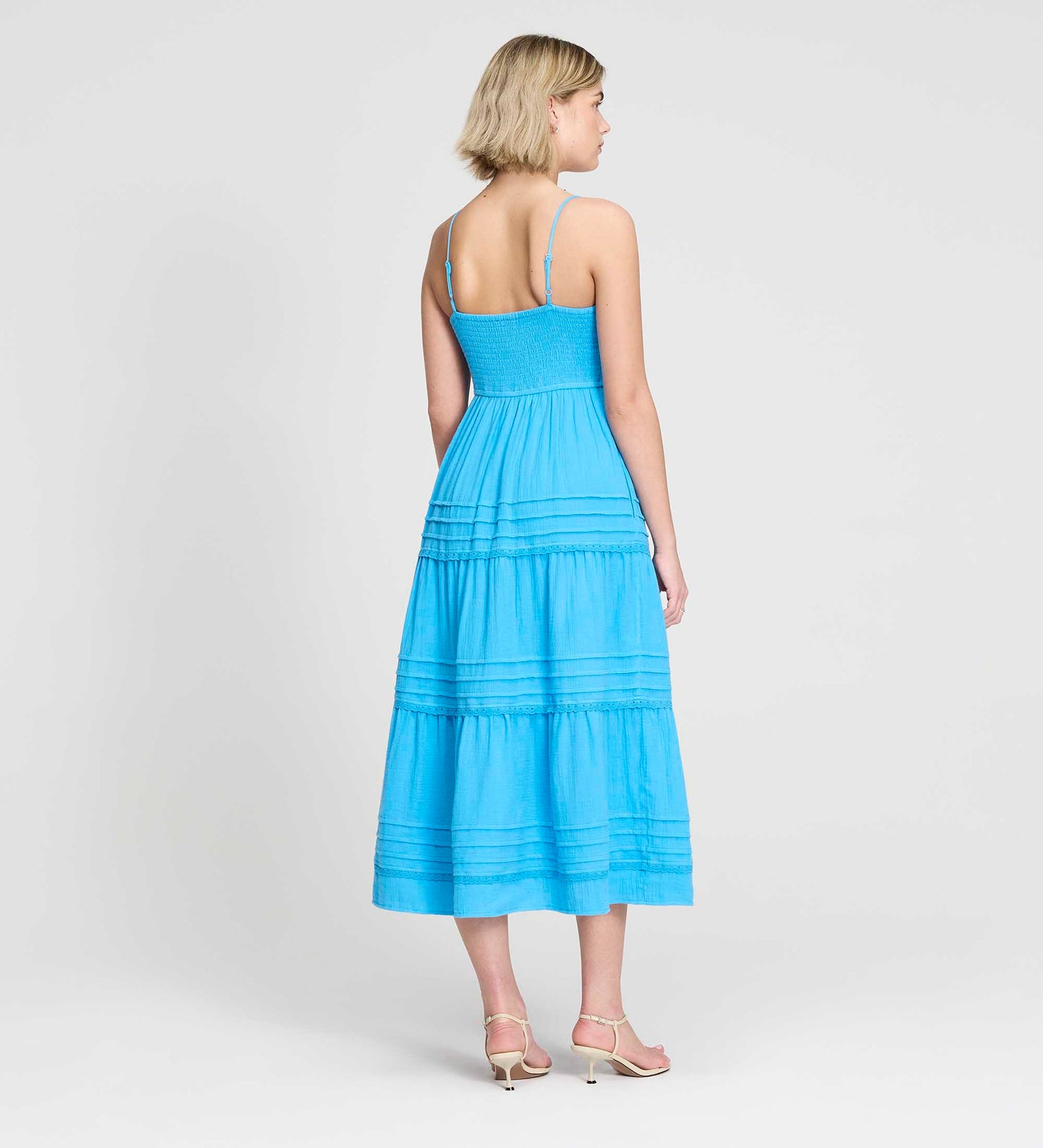 Hazel Blue Cotton Lace Trim Tiered Midi Dress
