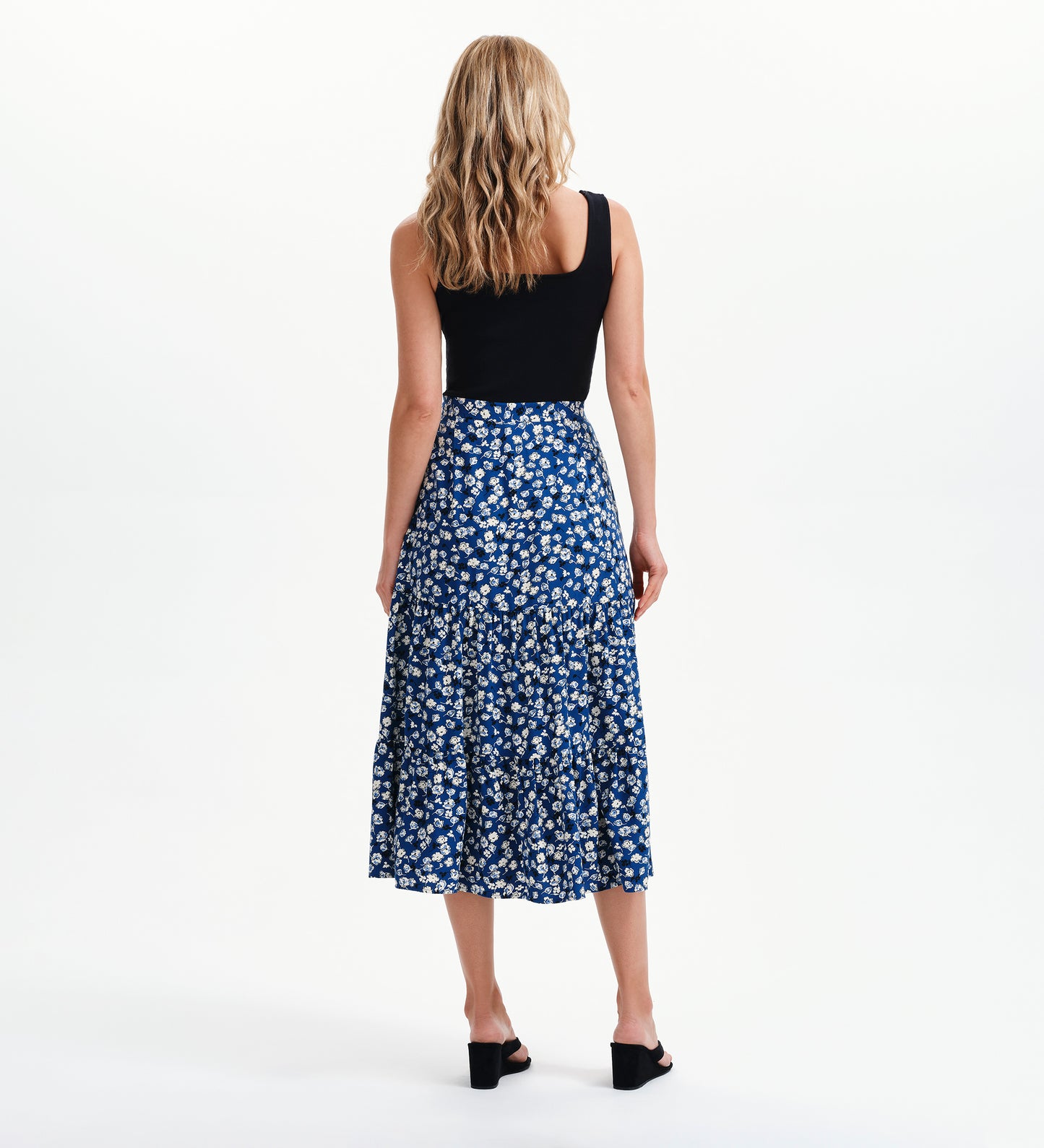 Isla Navy Ditsy Tiered Button-Through Midi Skirt
