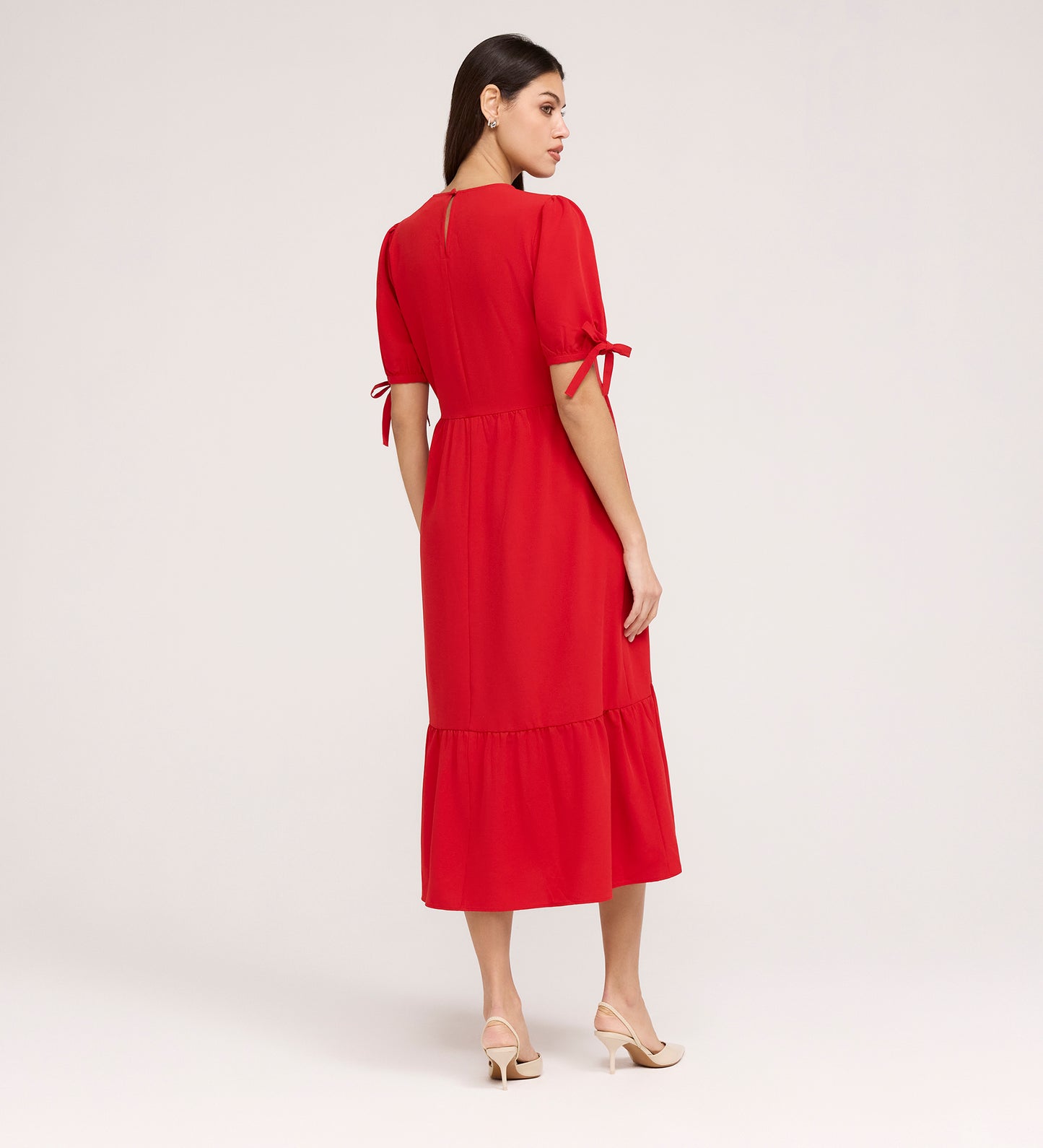 Jessa Red Crepe Midi Tiered Dress
