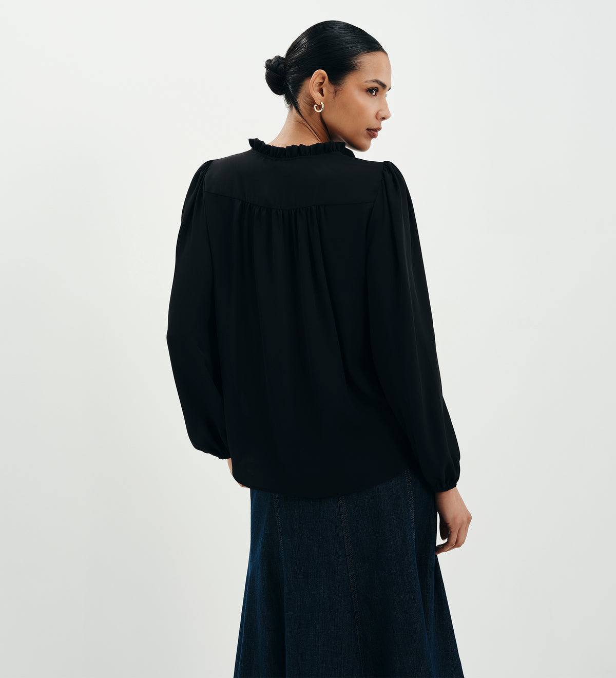 Kiya Black Frill Tie Neck Yoke Blouse