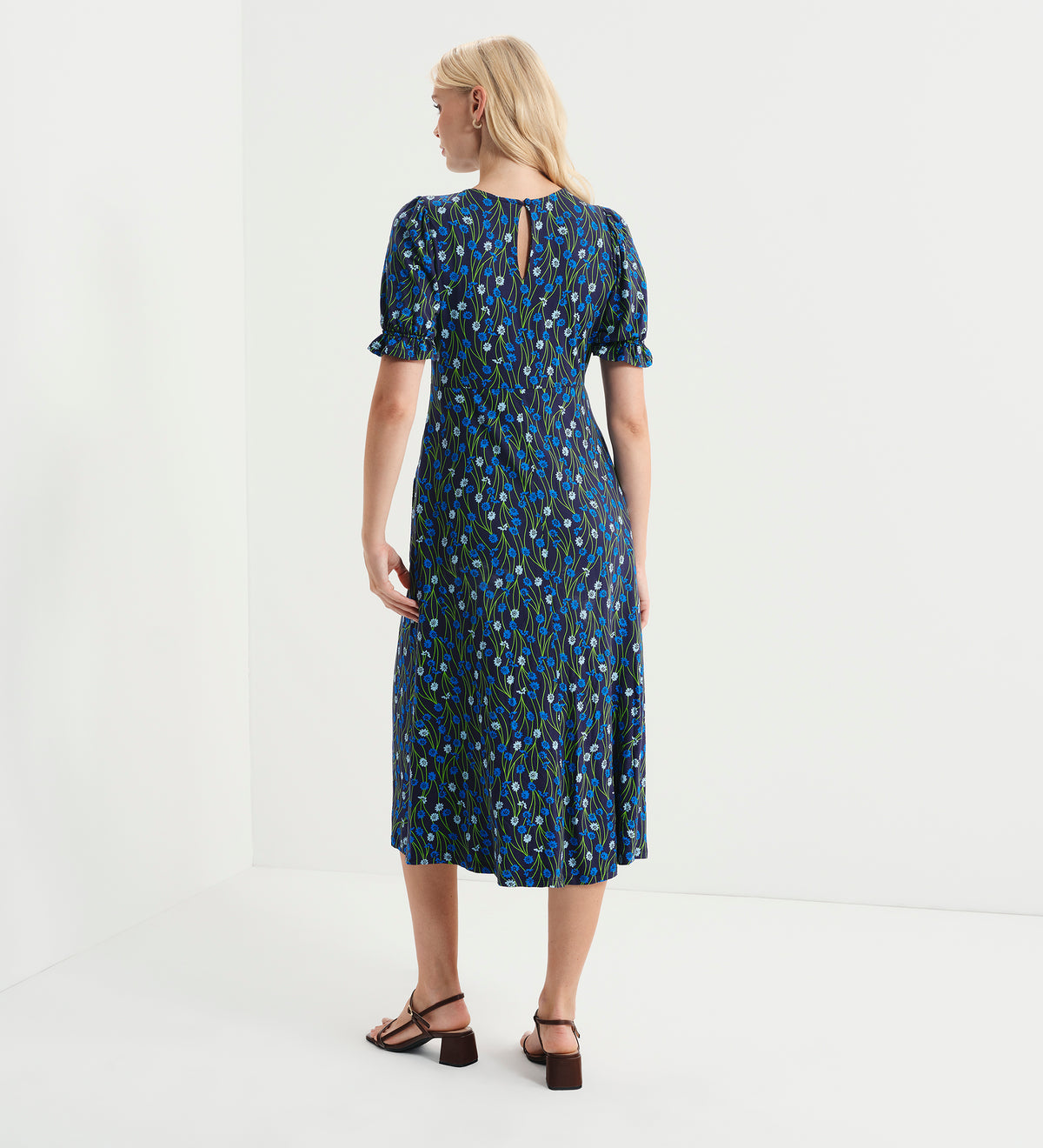 Lenisha Blue Flower Jersey Midi Tea Dress