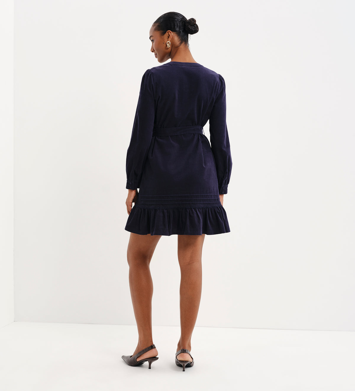 Marianne Navy Corduroy Pintuck Belted Tiered Mini Dress
