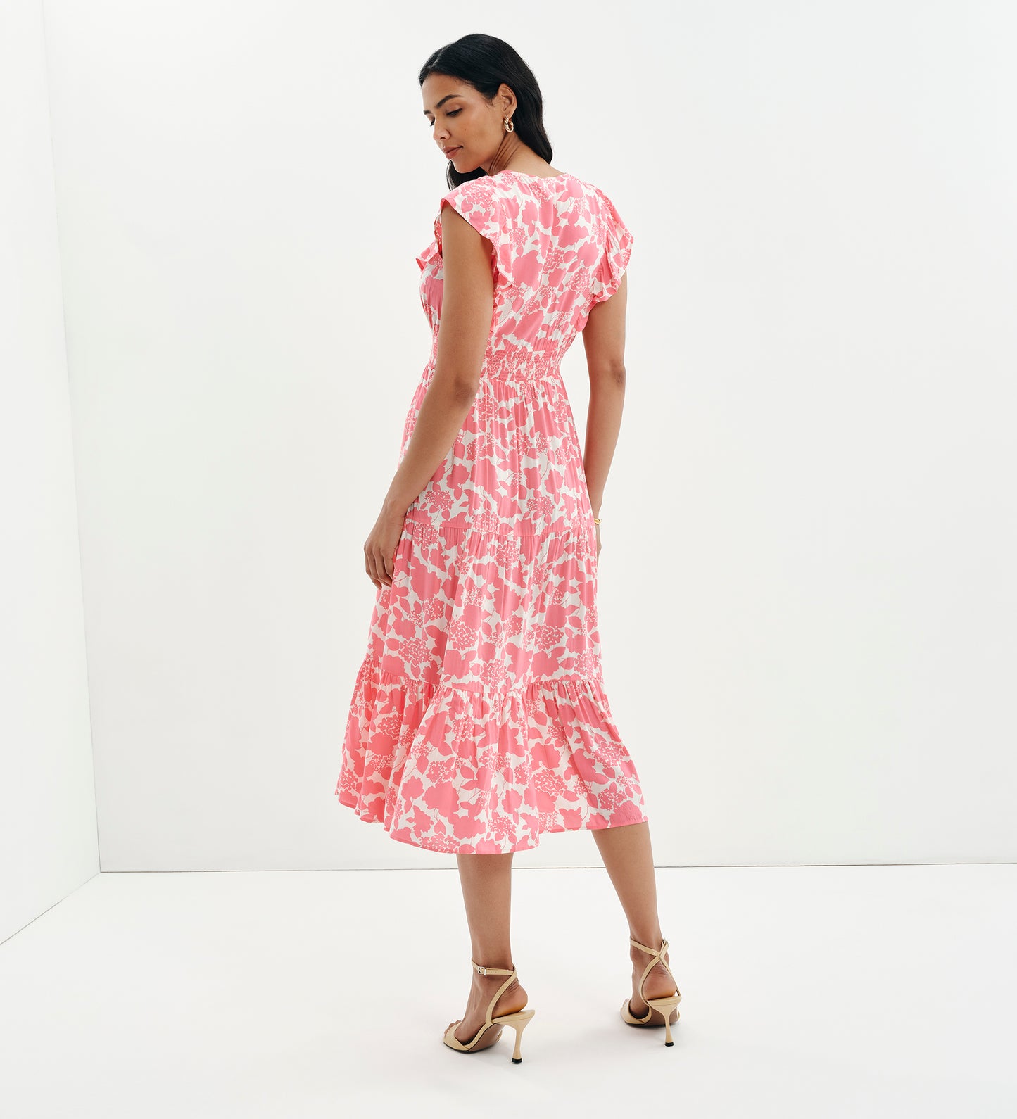 Mattie Pink Floral Frill Sleeve Empire Waist Tiered Midi Dress