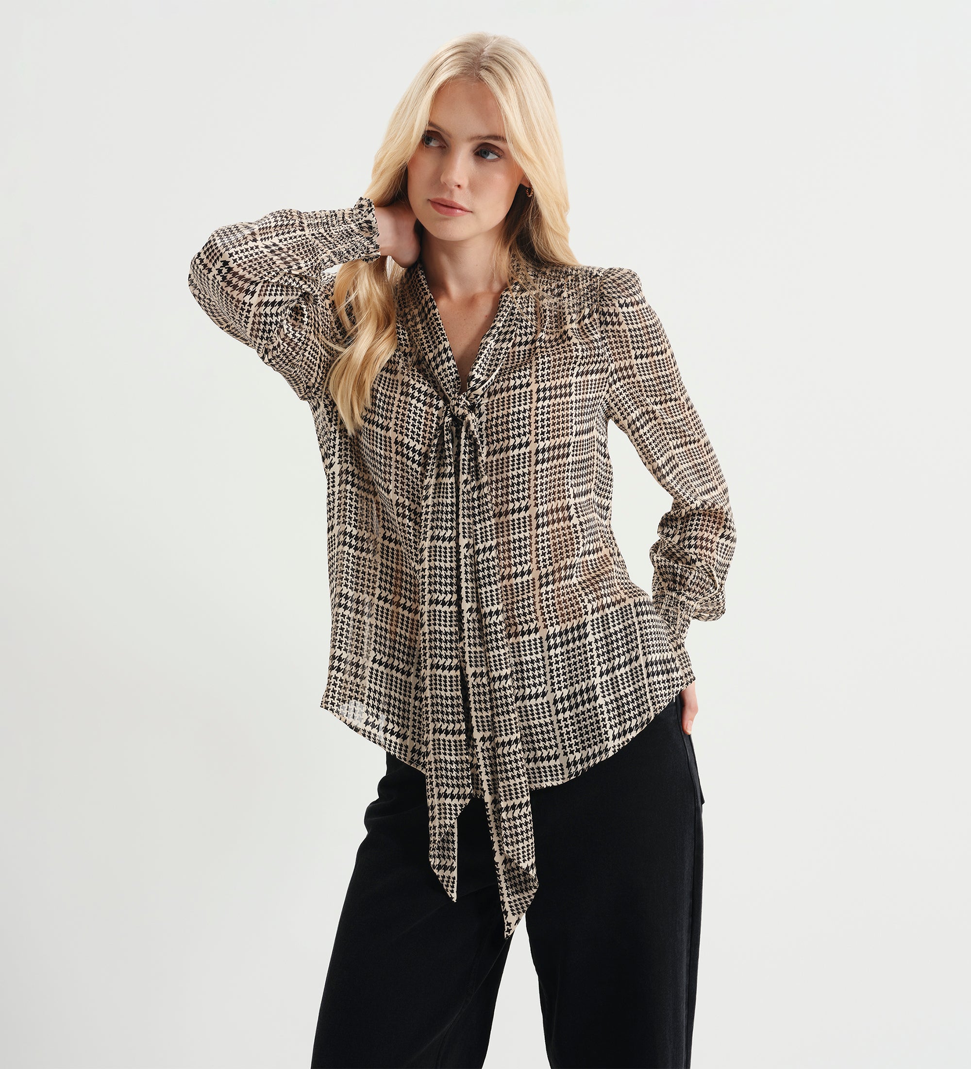 Mavis Beige Houndstooth Pussy Bow Blouse | Finery London