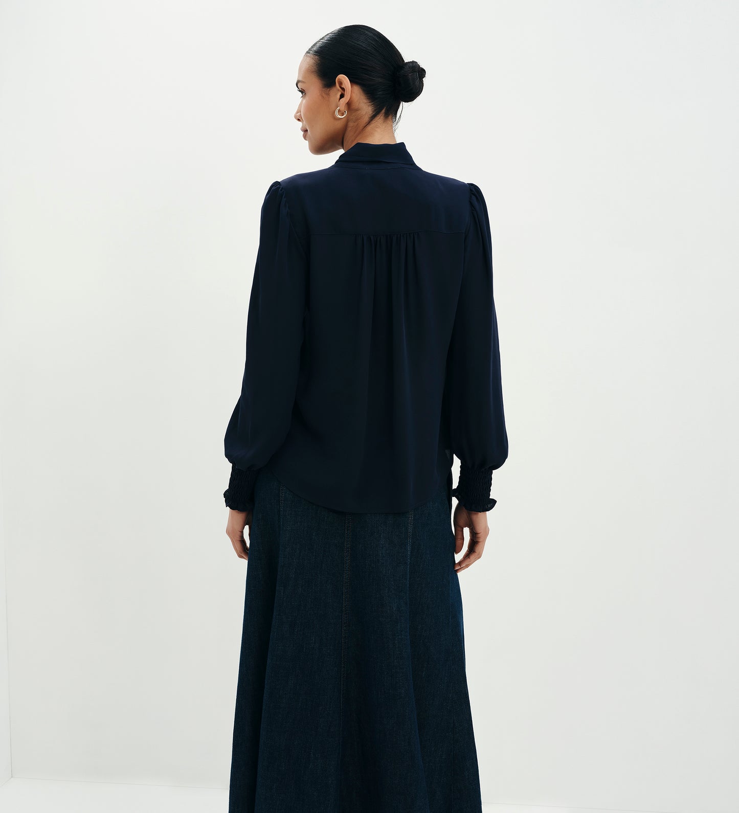 Mavis Navy Pussy Bow Button-Through Blouse