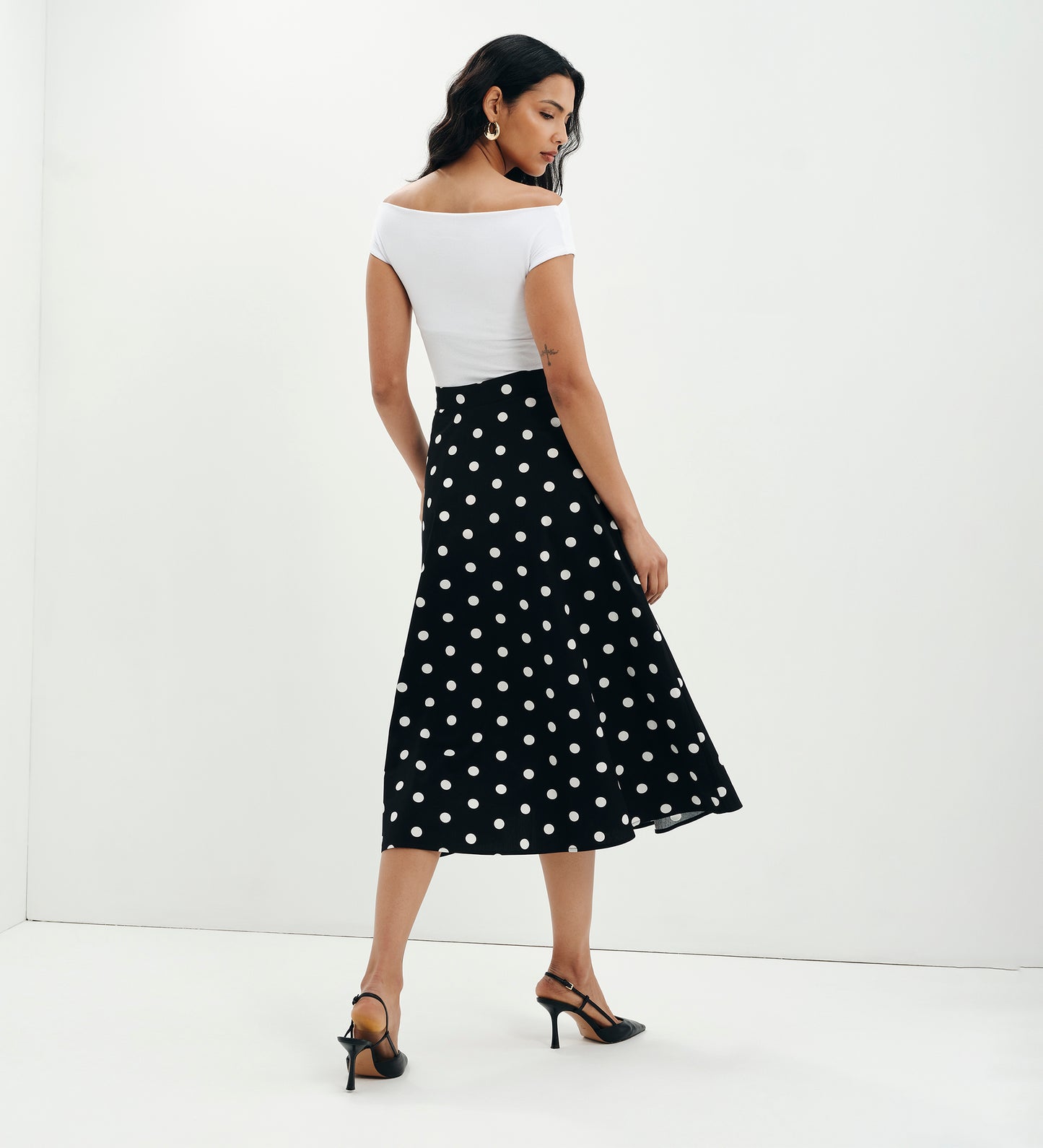 Meeka Black Polka Dot Cotton A-Line Midi Skirt