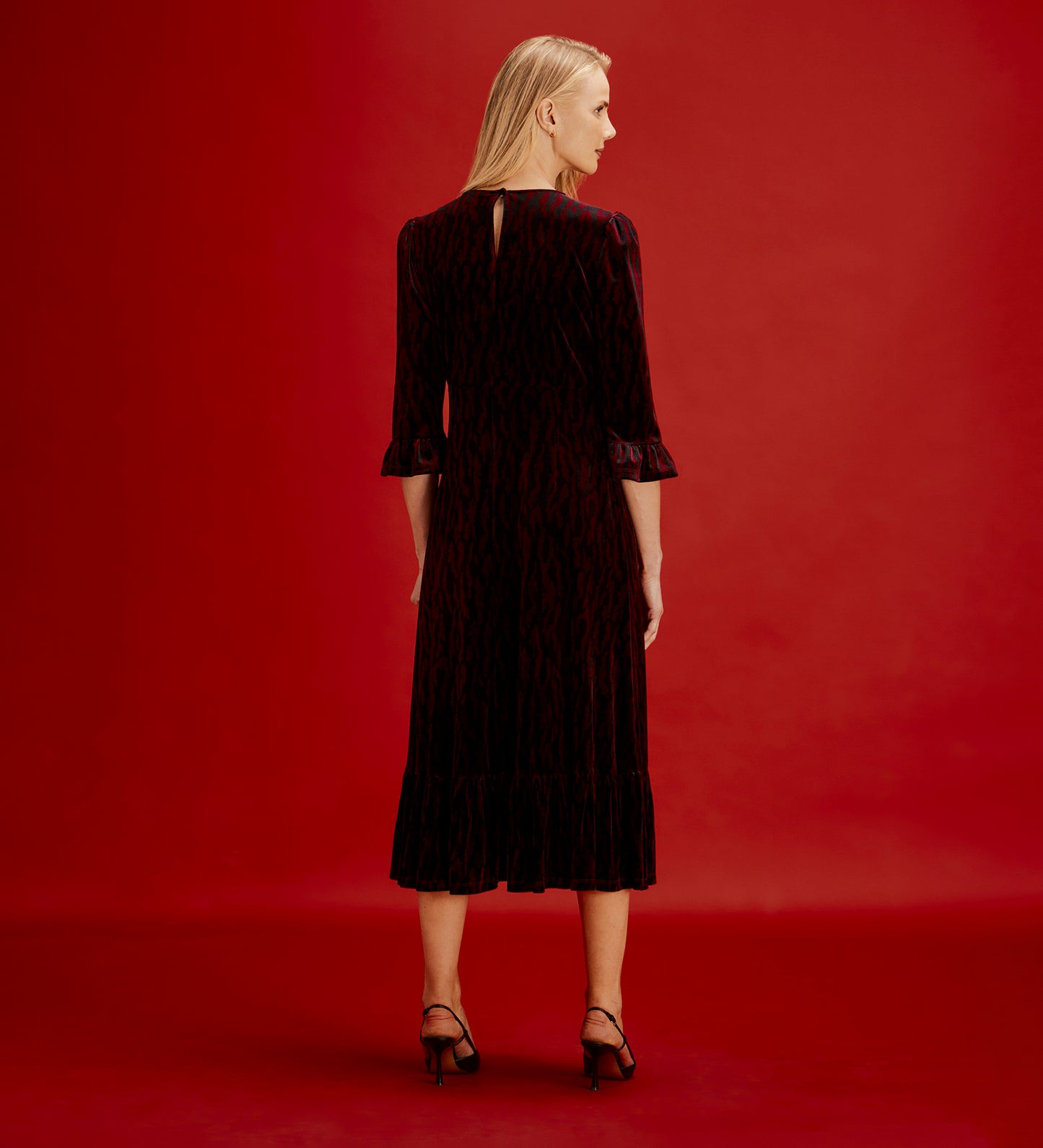 Scarlett Burgundy Zebra Velvet Ruffle Cuff Tiered Midi Dress