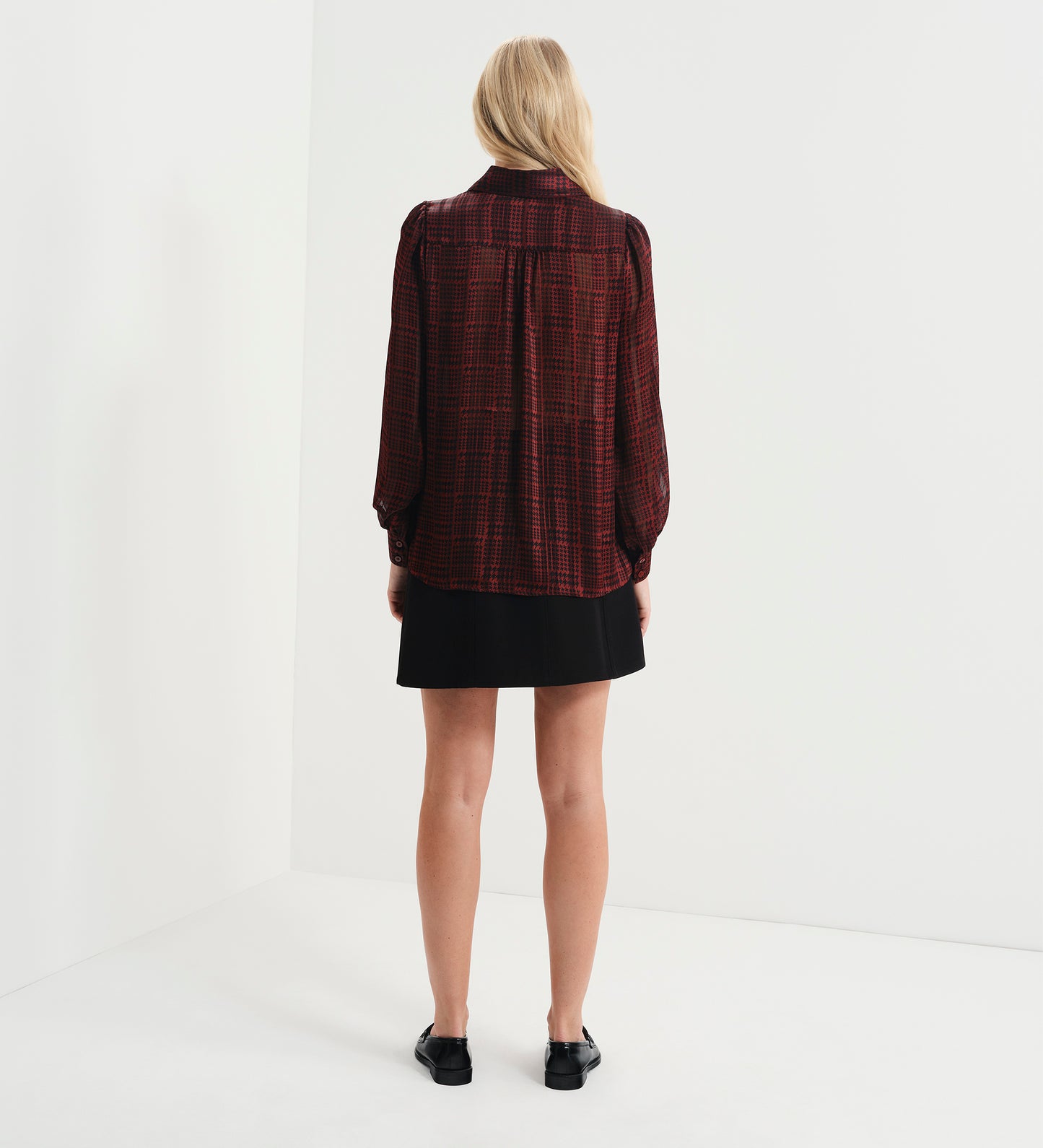 Melina Burgundy Houndstooth Chiffon Relaxed Fit Gathered Yoke Shirt