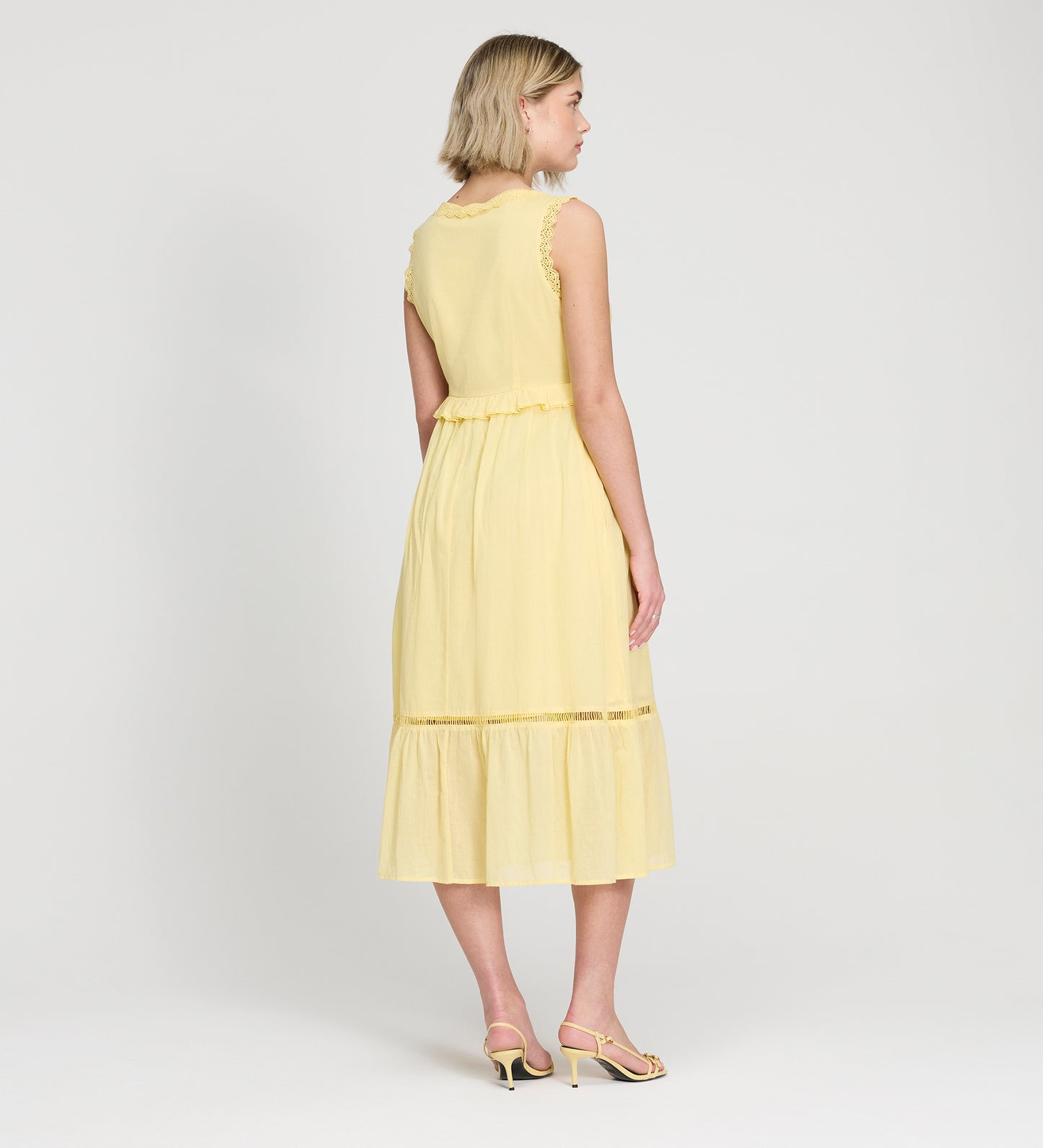 Myriam Yellow Cotton Lace Sleeveless Tiered Midi Dress