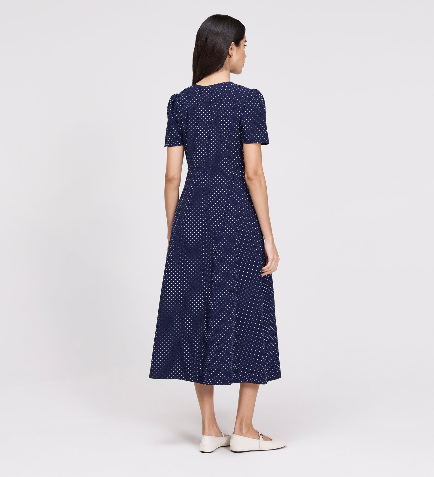 Nieve Navy Polka Dot Empire Waist V-Neck Midi Dress