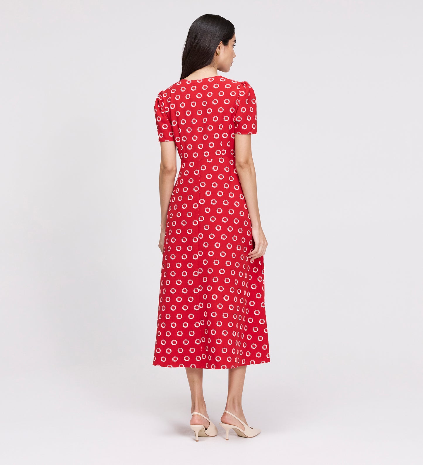 Nieve Red Polka Dot Empire Waist V-Neck Midi Dress