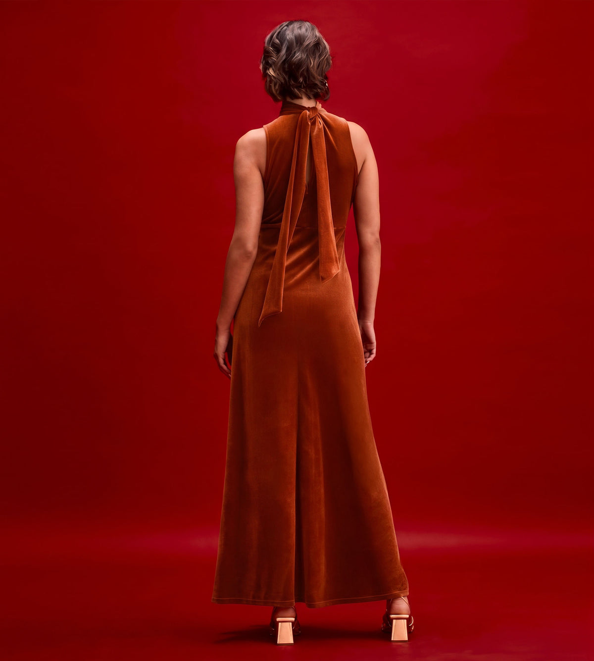 Ophelia Rust Velvet Tie Neck Maxi Dress