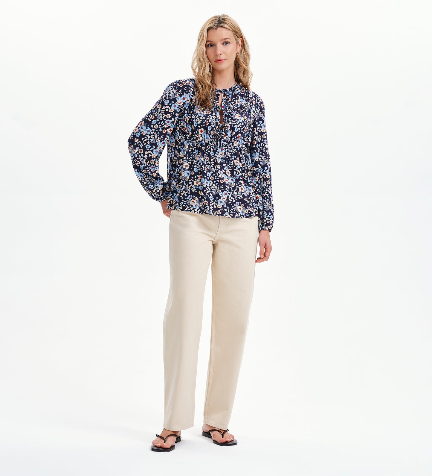 Roisin Blue Floral Bow Front Elasticated Long Sleeve Blouse