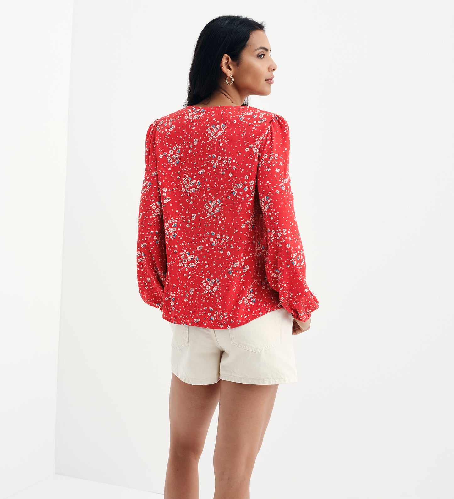 Roisin Red Ditsy Bow Front Elasticated Long Sleeve Blouse