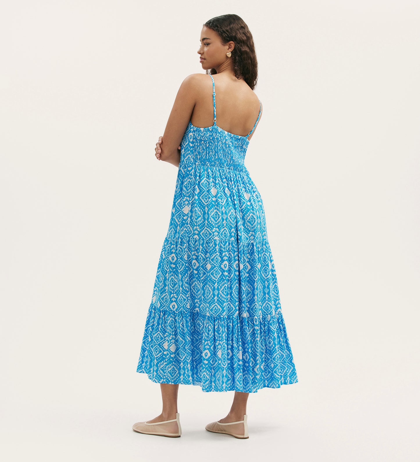 Emmie Blue Woodblock Linen Blend Strappy Tiered Midi Dress