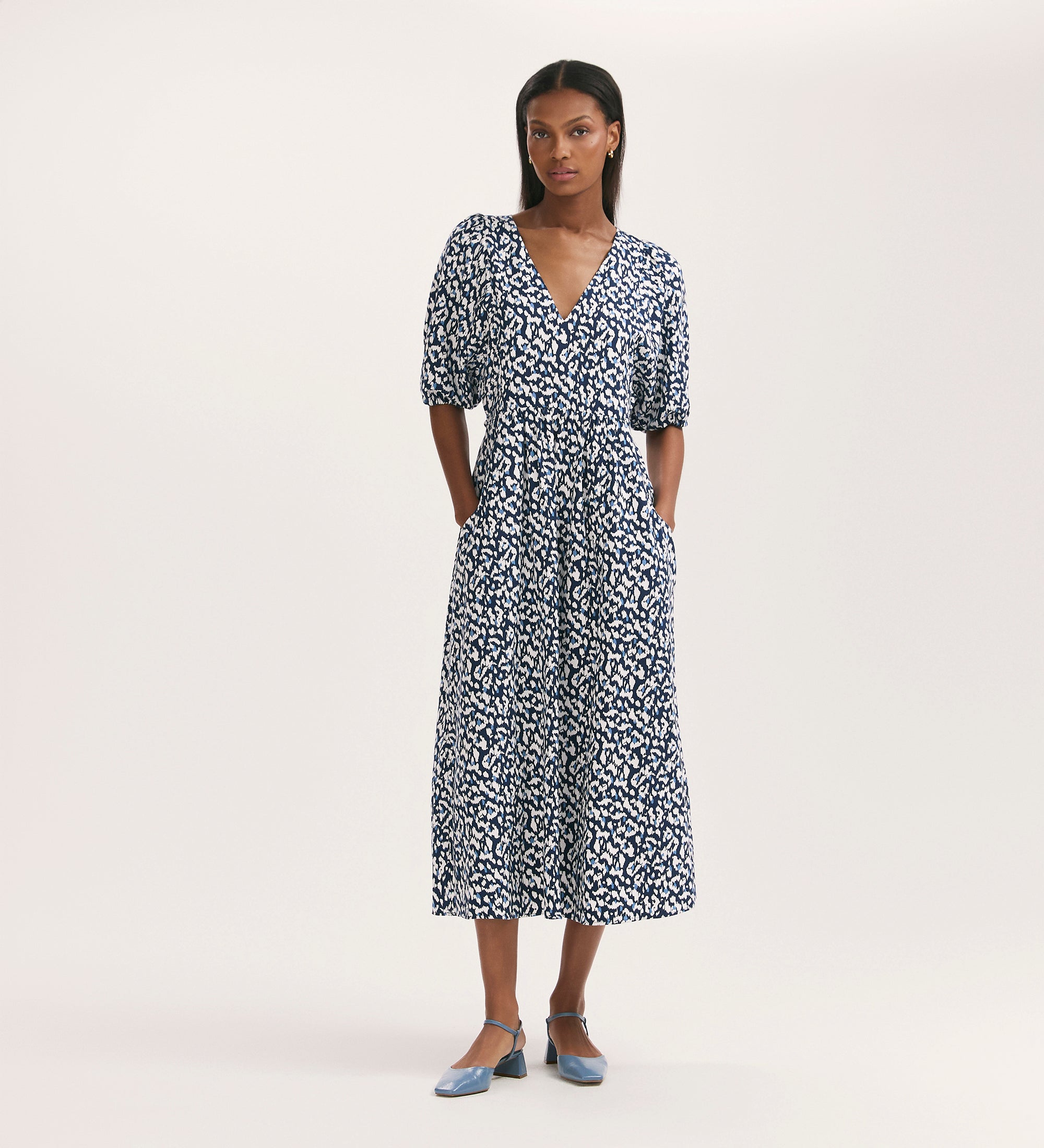 Katie Navy Animal Print Midi Smock Dress – Finery London