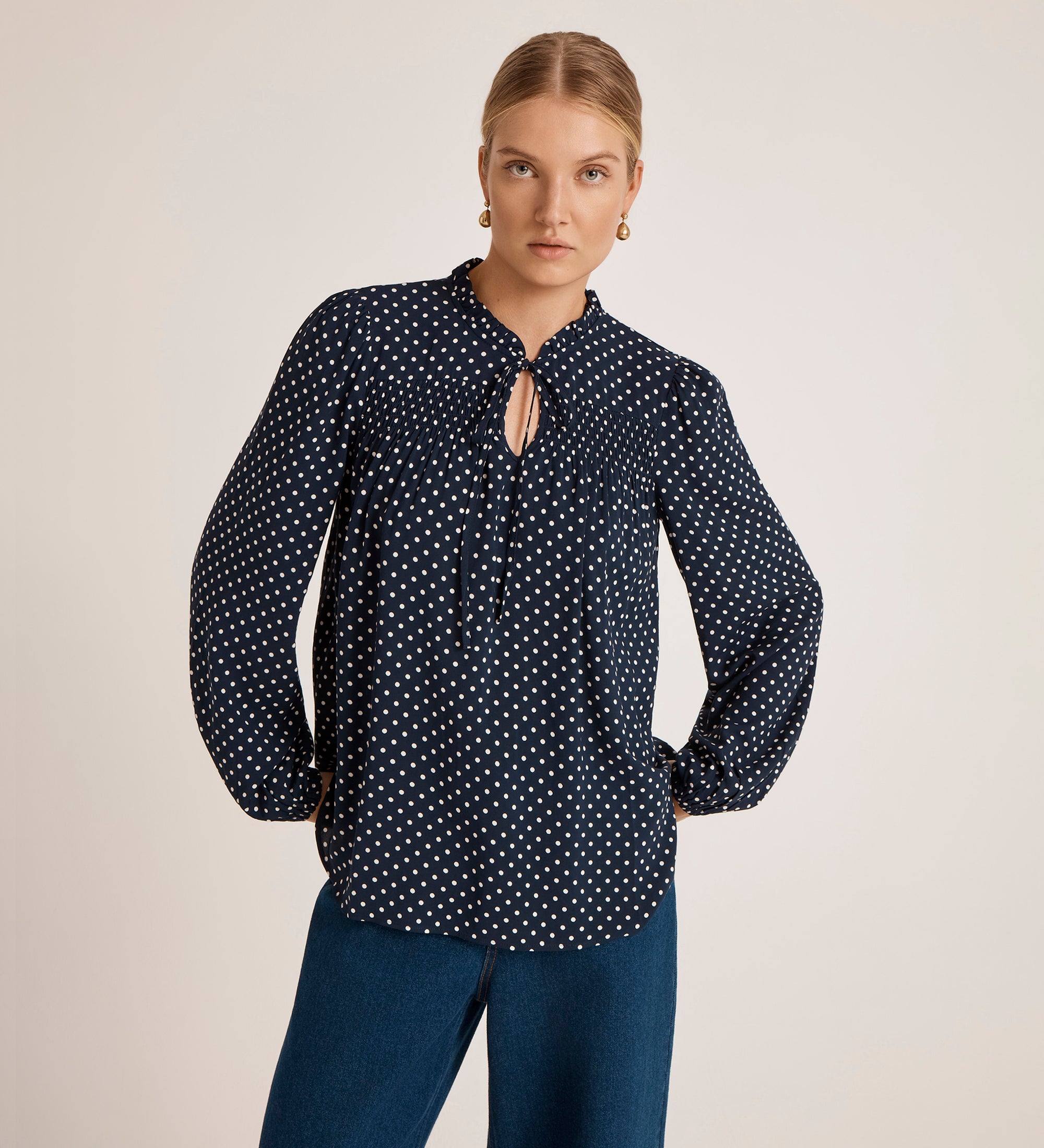 Kiya Navy Crepe Polka Dot Blouse – Finery London