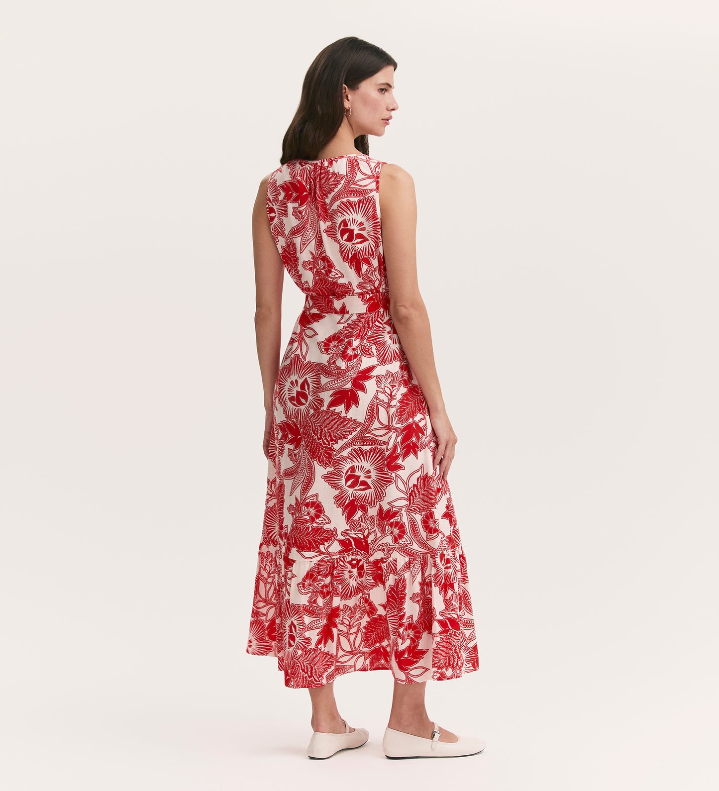 Marta Red Flower Crepe Linen Blend Sleeveless Midi Dress
