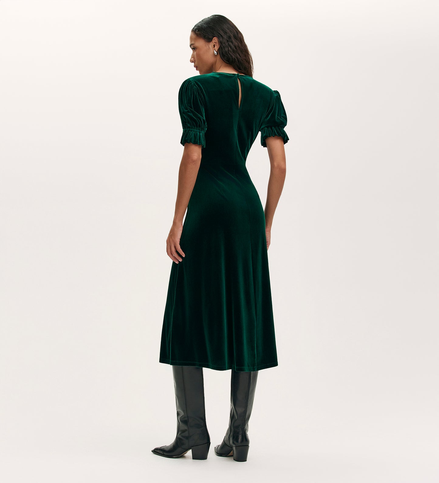 Mela Bottle Green Velvet Midi Tea Dress