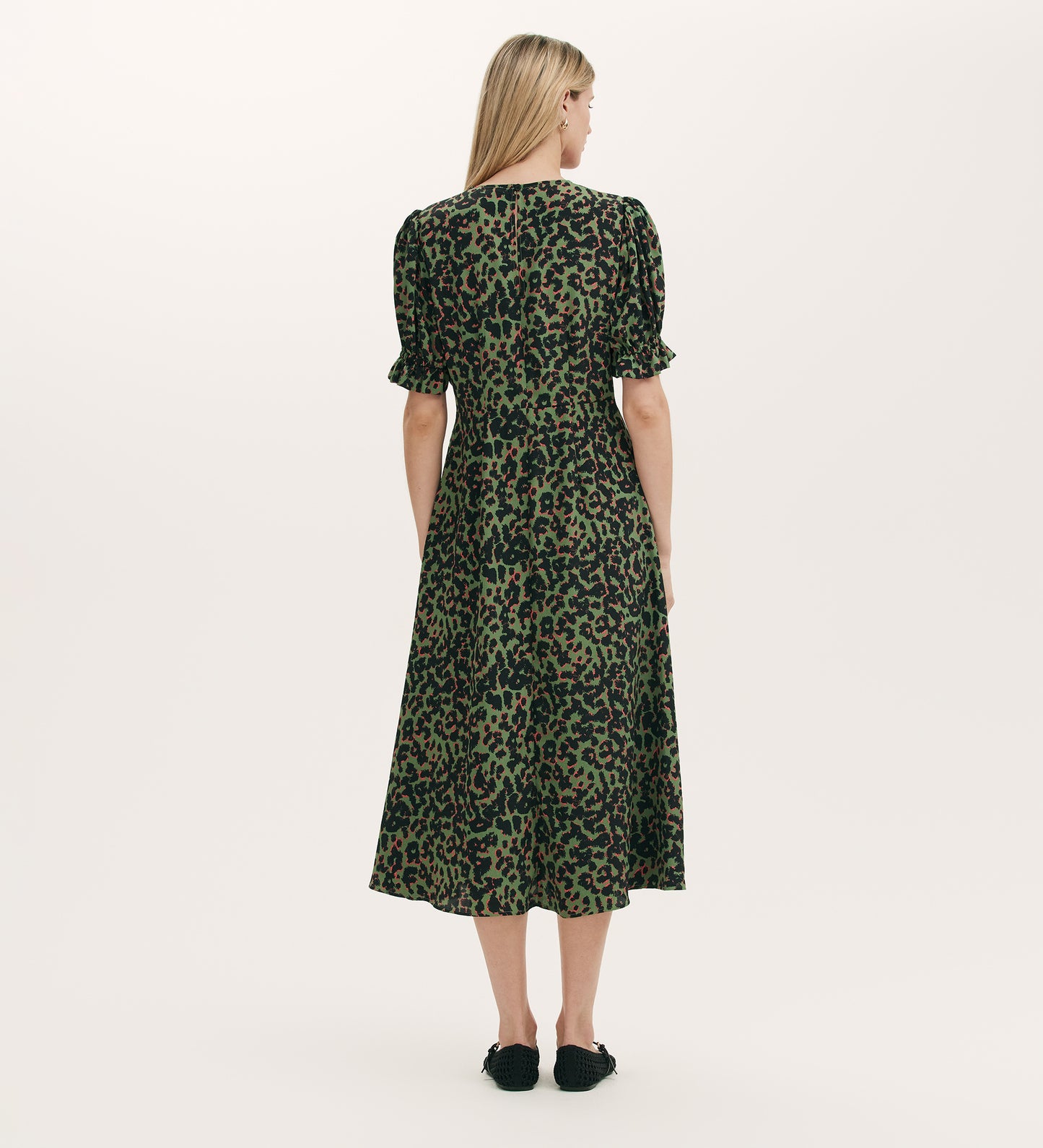 Mela Khaki Animal Crepe Midi Tea Dress