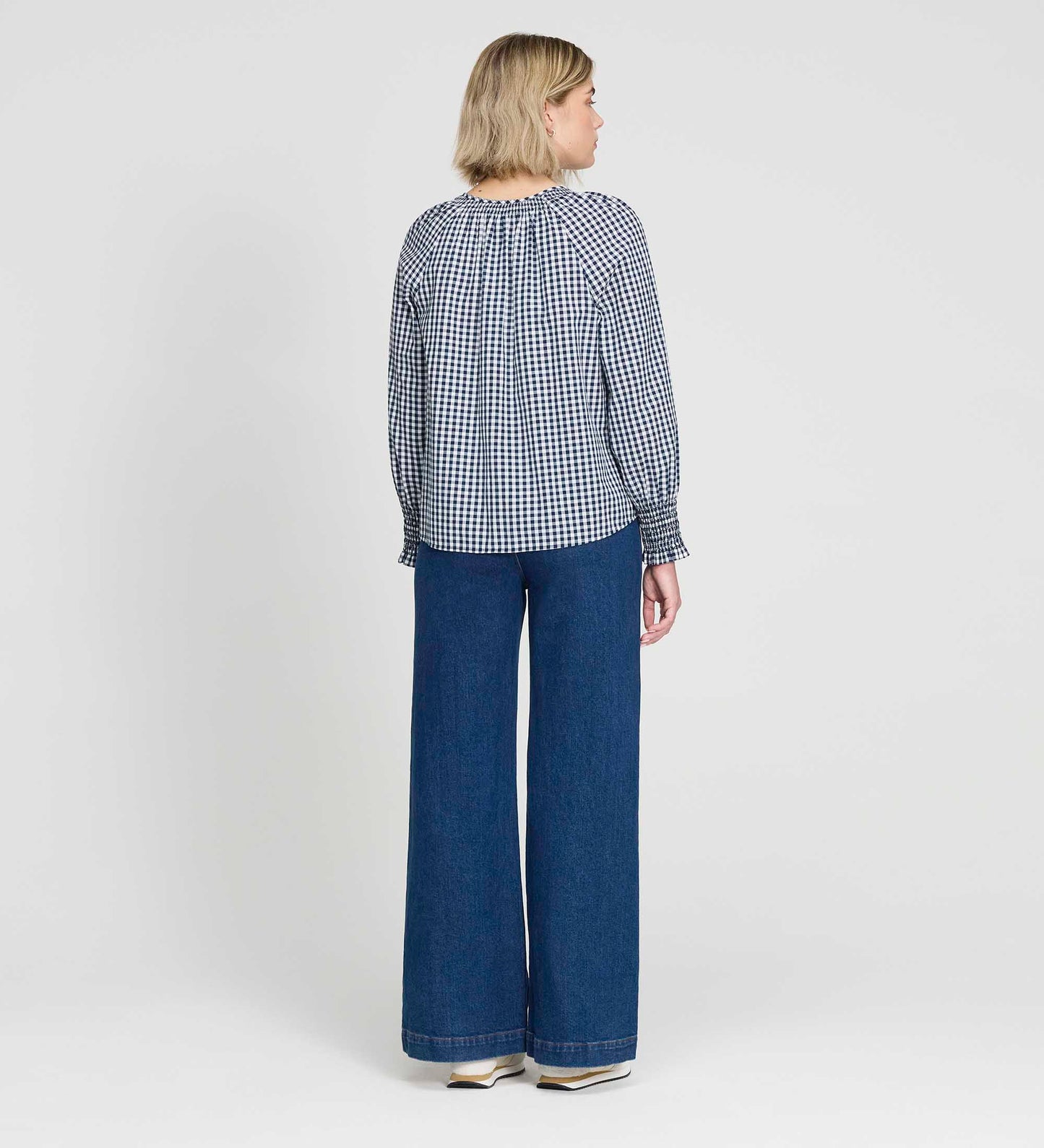 Sandy Navy Cotton Gingham Long Sleeve Shirred Collar Blouse