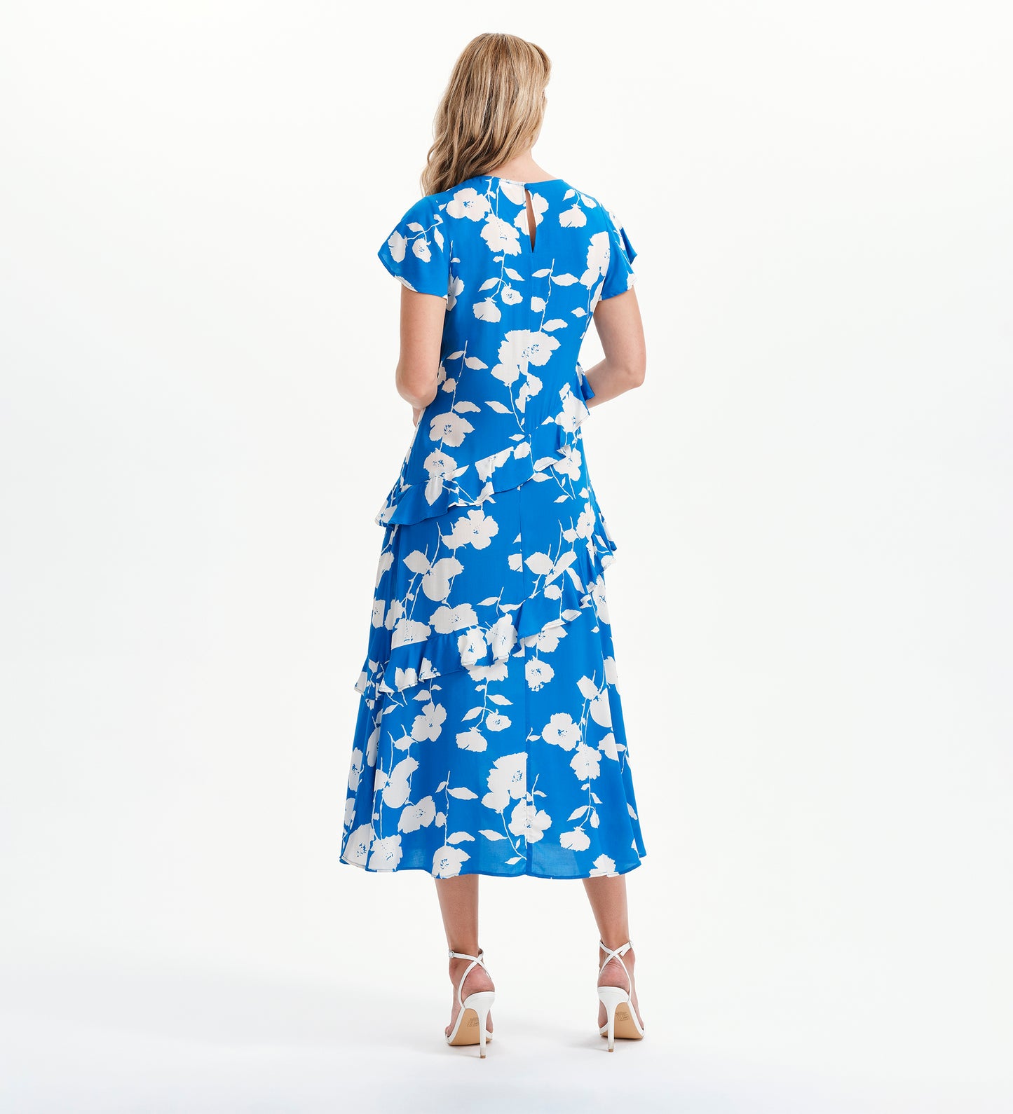 Sierra Blue Flower Asymmetric Frill Midi Tea Dress