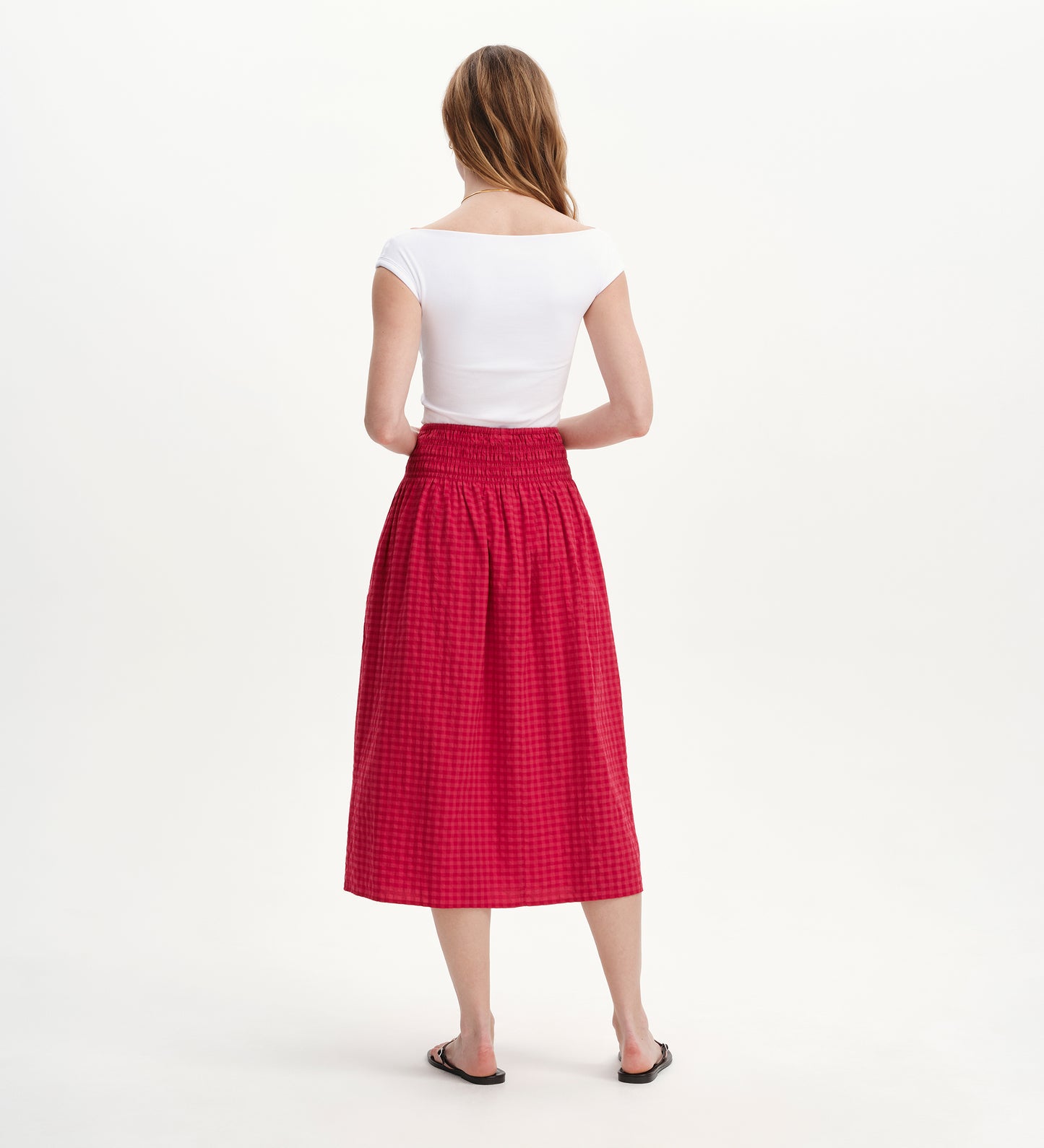 Vanessa Pink Gingham Seersucker Shirred Waist Midi Skirt