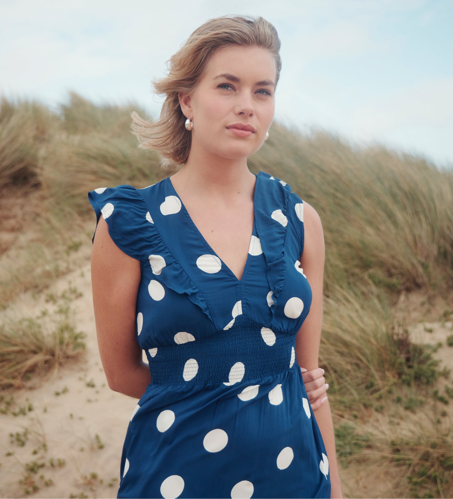 Mattie Navy Polka Dot Frill Sleeve Empire Waist Tiered Midi Dress