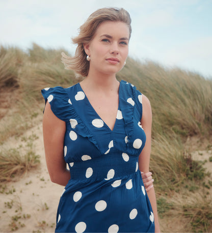 Mattie Navy Polka Dot Frill Sleeve Empire Waist Tiered Midi Dress