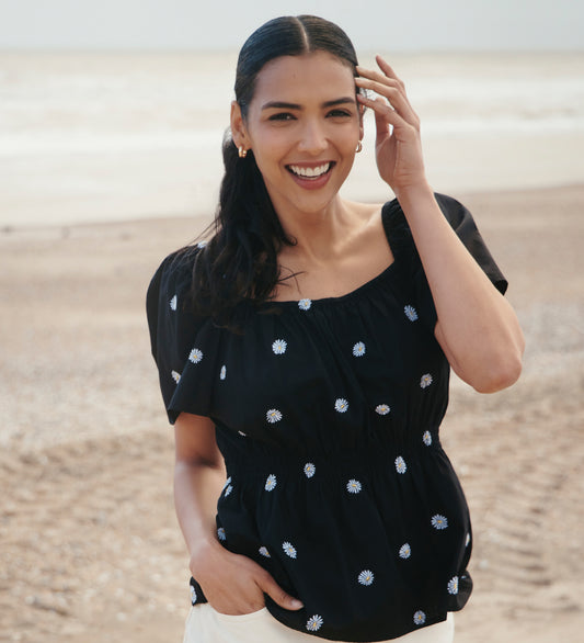 Holly Black Floral Embroidered Puff Sleeve Top