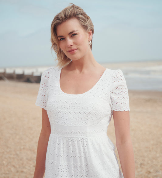 Jemma White Cotton Broderie Square Neck Tiered Midi Dress