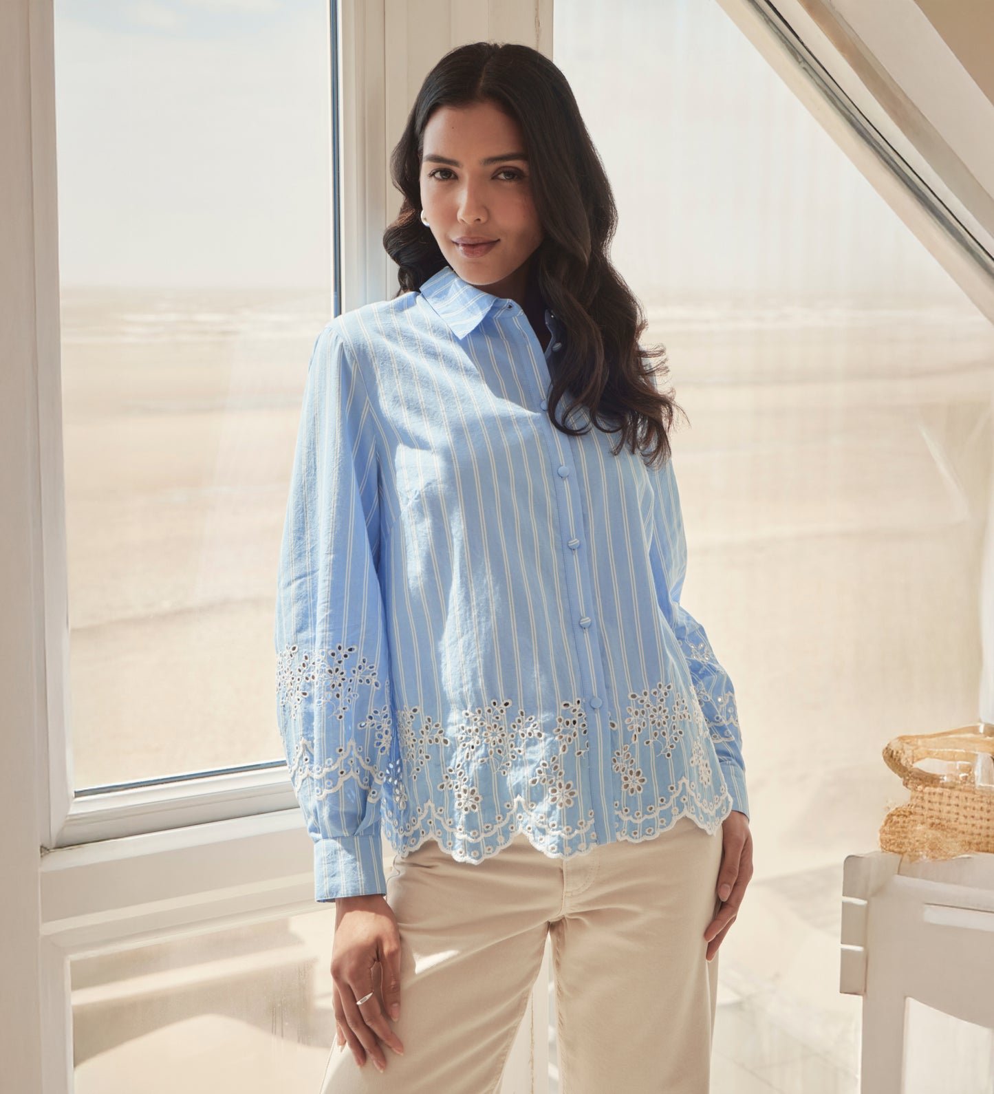 Sydnee Blue Stripe Cotton Broderie Blouson Sleeve Shirt