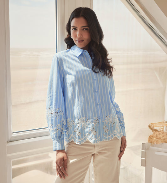 Sydnee Blue Stripe Cotton Broderie Blouson Sleeve Shirt