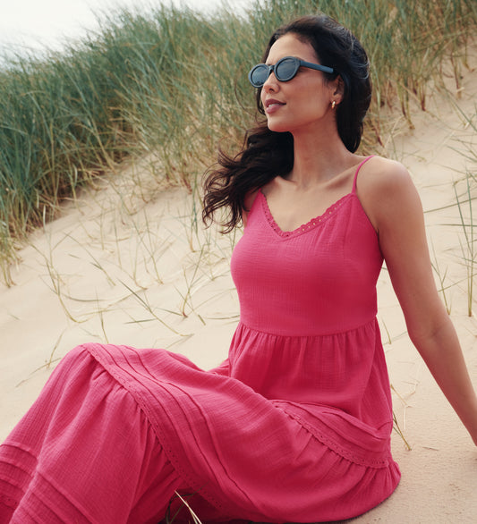 Hazel Pink Cotton Lace Trim Tiered Midi Dress