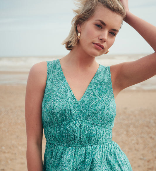 Shannon Green Paisley Cotton Voile Tiered Midi Dress