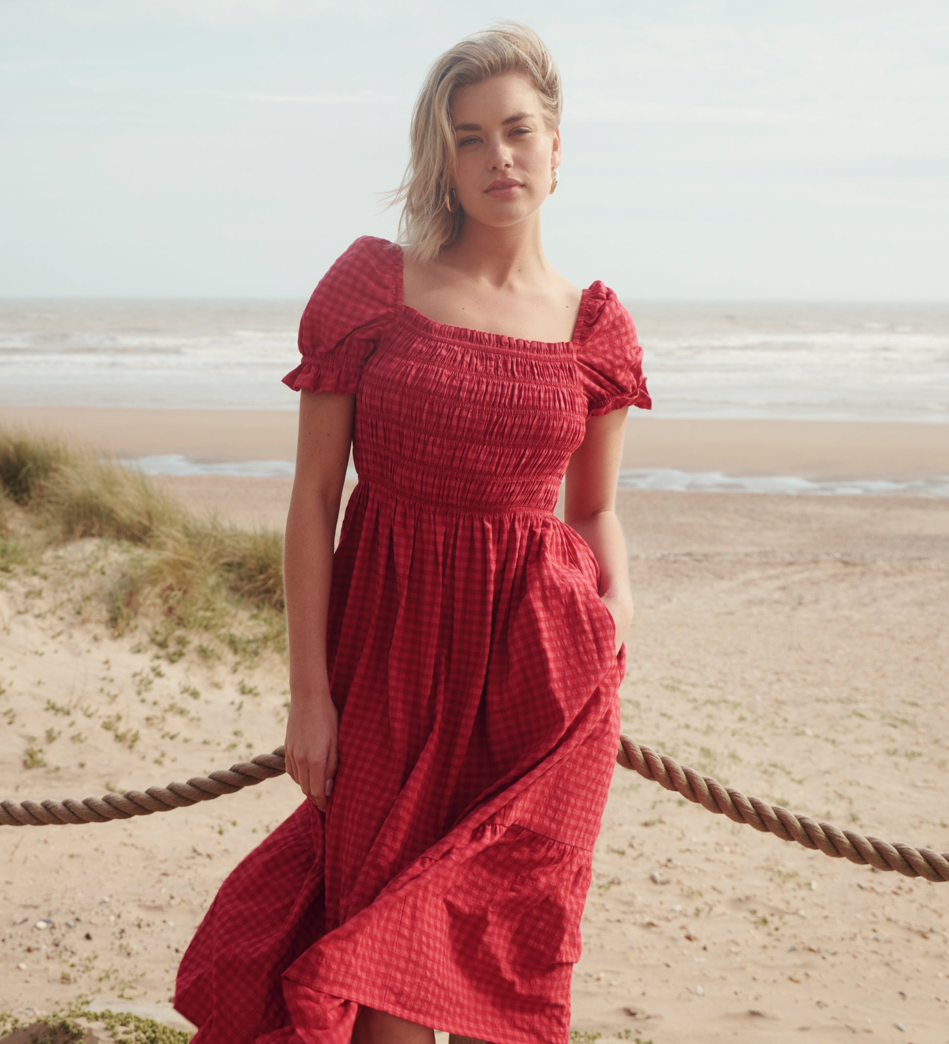 Dawn Pink Gingham Seersucker Midi Dress