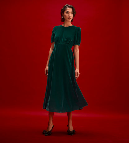 Mela Bottle Green Velvet Midi Tea Dress