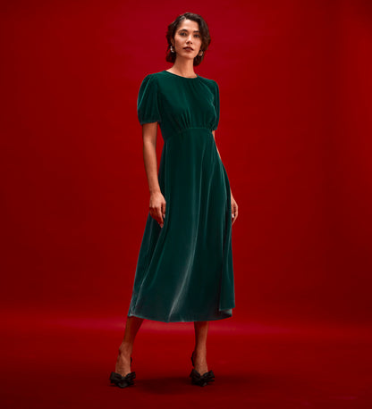 Mela Bottle Green Velvet Midi Tea Dress