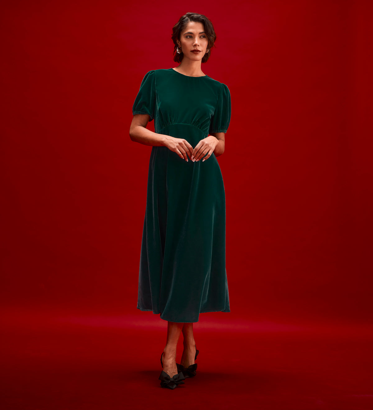 Mela Bottle Green Velvet Midi Tea Dress