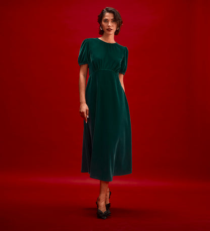 Mela Bottle Green Velvet Midi Tea Dress