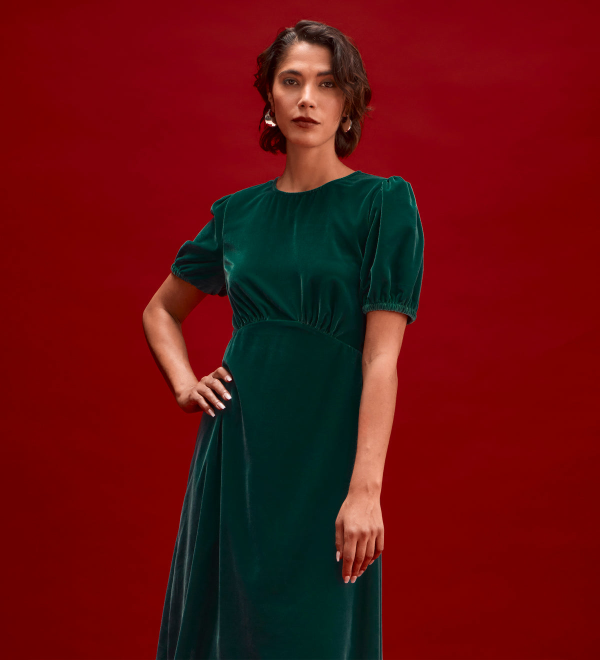 Mela Bottle Green Velvet Midi Tea Dress