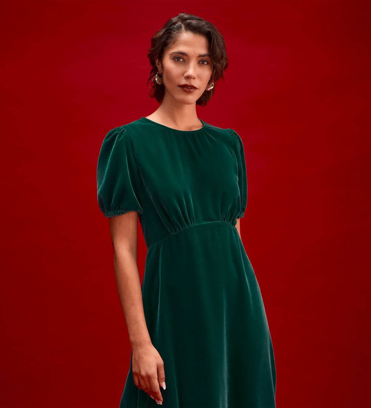 Mela Bottle Green Velvet Midi Tea Dress