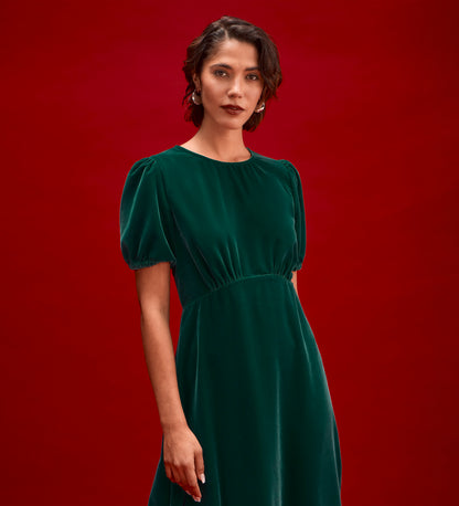 Mela Bottle Green Velvet Midi Tea Dress