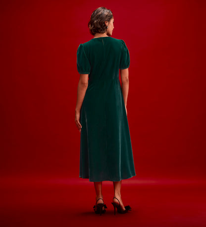 Mela Bottle Green Velvet Midi Tea Dress