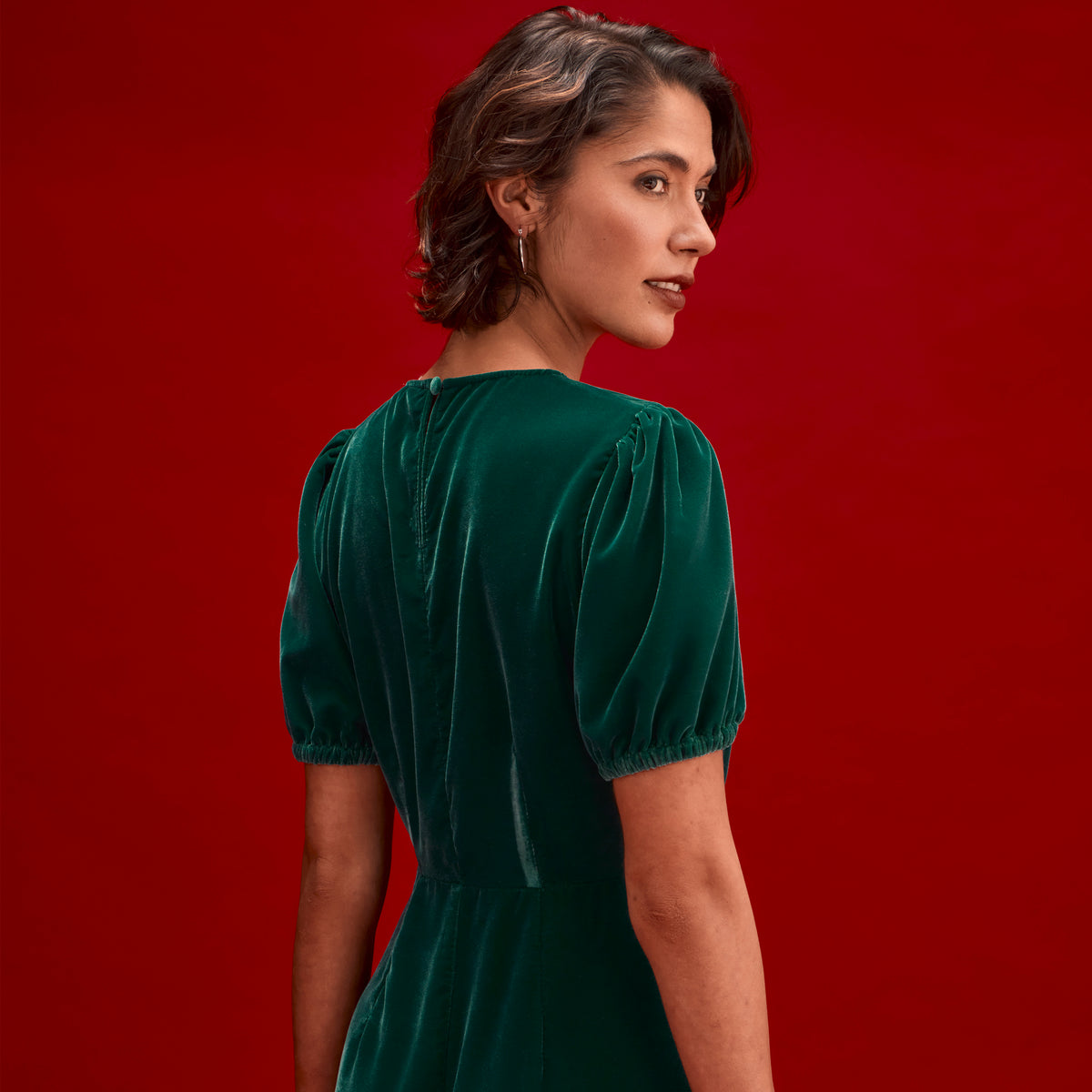 Mela Bottle Green Velvet Midi Tea Dress